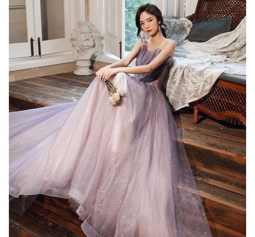 Gradient Ruched Glitter Mesh A-Line Tube Evening Gown / Midi Evening Gown