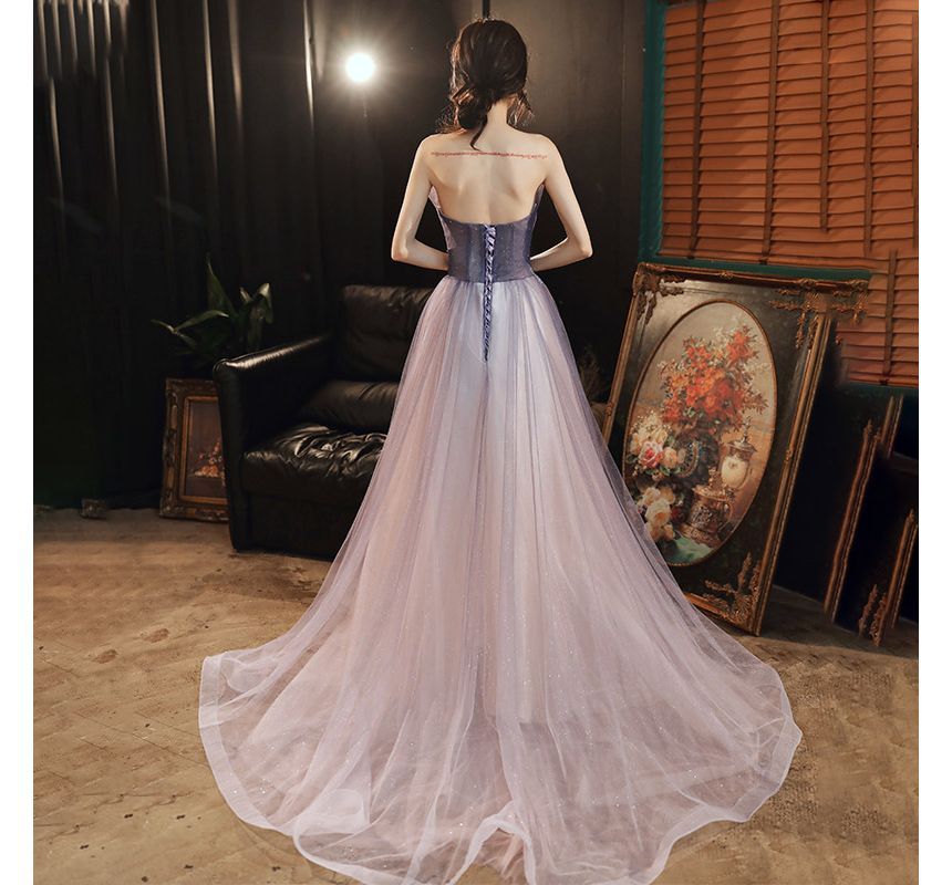 Gradient Ruched Glitter Mesh A-Line Tube Evening Gown / Midi Evening Gown
