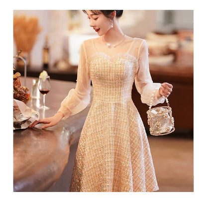 Long-Sleeve Frill Faux Pearl Sequin Panel Tweed A-Line Dress