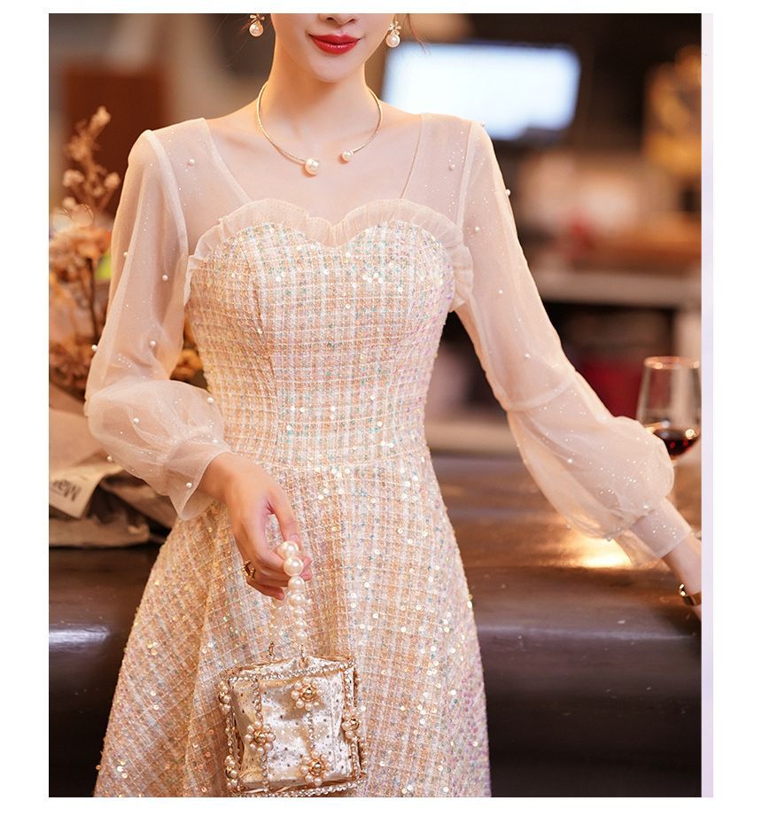 Long-Sleeve Frill Faux Pearl Sequin Panel Tweed A-Line Dress