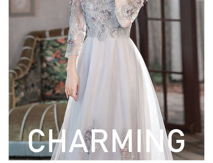 Elbow-Sleeve Mandarin Collar Flower Beaded Embroidered Panel Lace Mesh A-Line Evening Gown