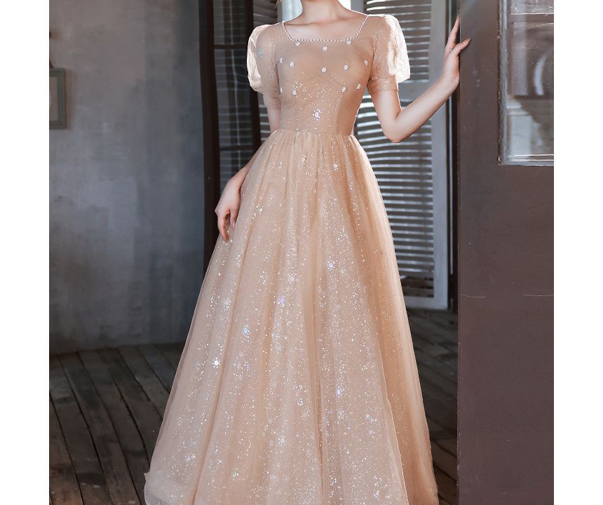 Square Trim Pearl Glitter Gown Mesh Neck Ruched Evening Faux A-Line Short-Sleeve