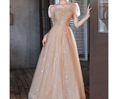 Square Trim Pearl Glitter Gown Mesh Neck Ruched Evening Faux A-Line Short-Sleeve