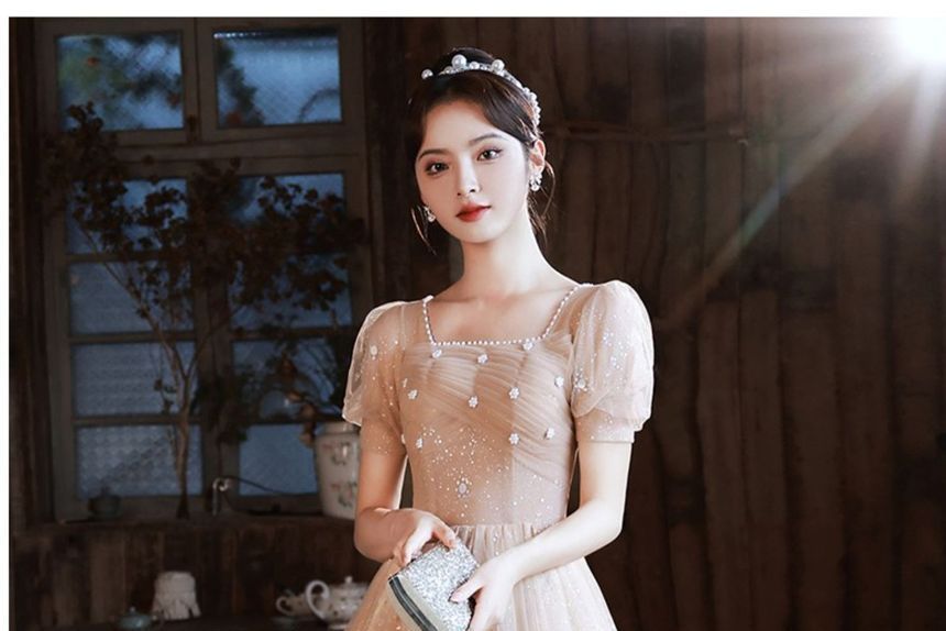 Square Trim Pearl Glitter Gown Mesh Neck Ruched Evening Faux A-Line Short-Sleeve