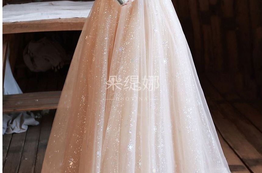 Square Trim Pearl Glitter Gown Mesh Neck Ruched Evening Faux A-Line Short-Sleeve