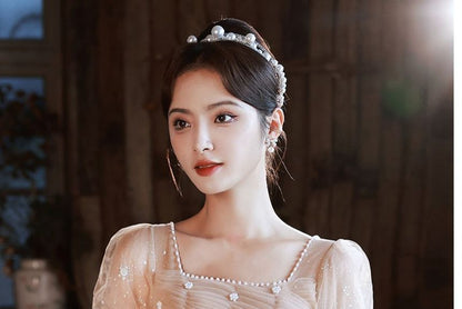 Square Trim Pearl Glitter Gown Mesh Neck Ruched Evening Faux A-Line Short-Sleeve