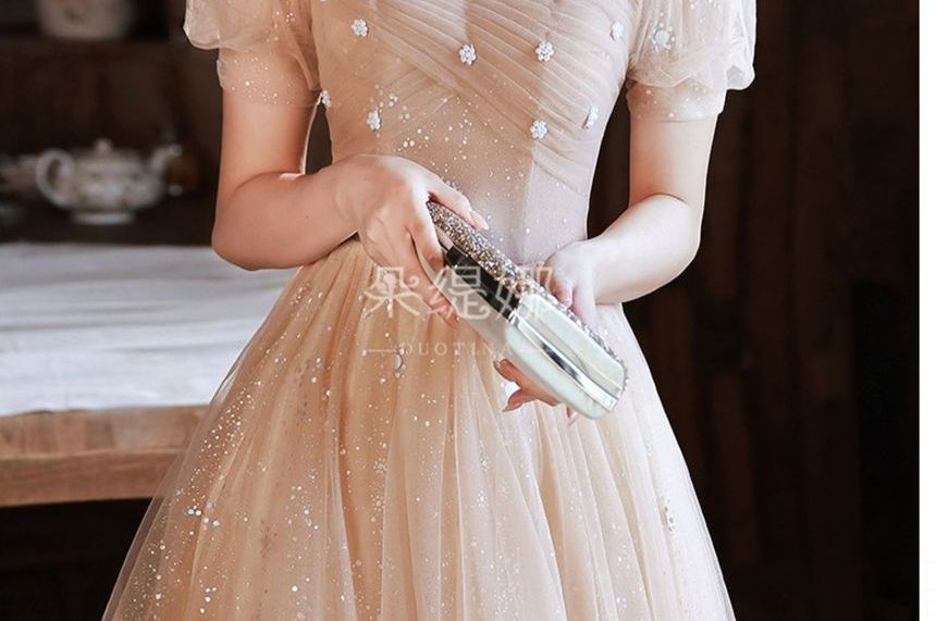 Square Trim Pearl Glitter Gown Mesh Neck Ruched Evening Faux A-Line Short-Sleeve