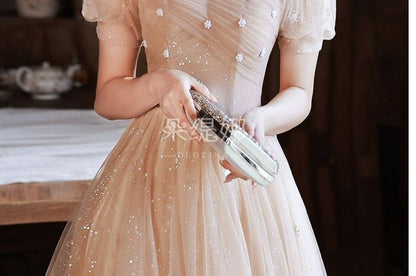 Square Trim Pearl Glitter Gown Mesh Neck Ruched Evening Faux A-Line Short-Sleeve