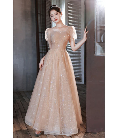 Square Trim Pearl Glitter Gown Mesh Neck Ruched Evening Faux A-Line Short-Sleeve