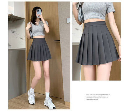 High Waist Plain Pleated Mini A-Line Skirt
