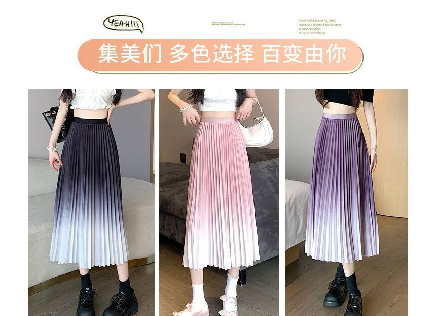 High Rise Accordion Pleat Ombre Midi A-Line Skirt