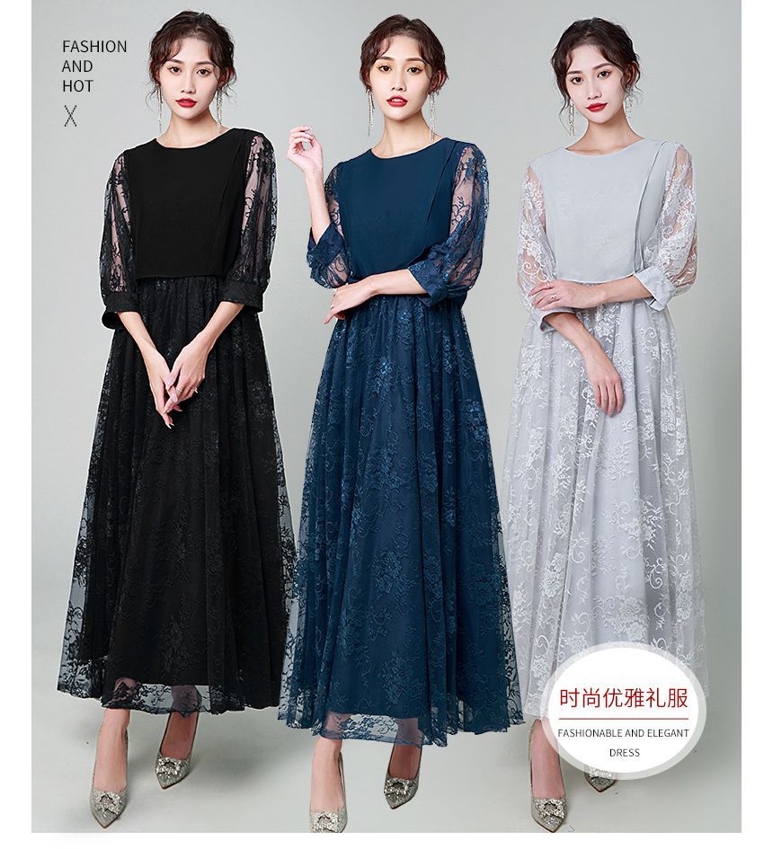 Lace Crewneck Three-Quarter Sleeve A-Line Maxi