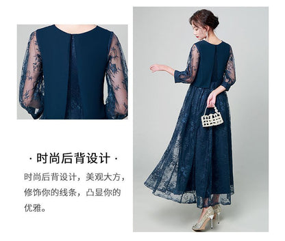 Lace Crewneck Three-Quarter Sleeve A-Line Maxi