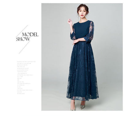 Lace Crewneck Three-Quarter Sleeve A-Line Maxi