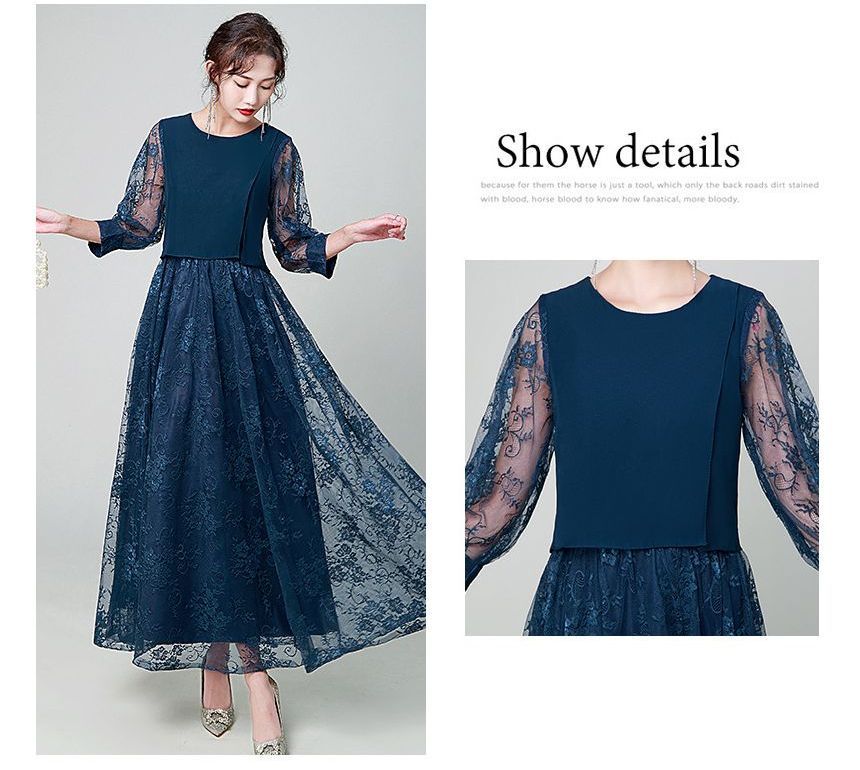 Lace Crewneck Three-Quarter Sleeve A-Line Maxi