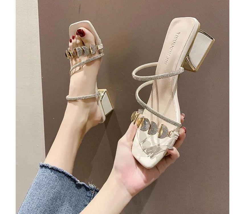 Square-Toe Block Heel Rhinestone Slide Sandals