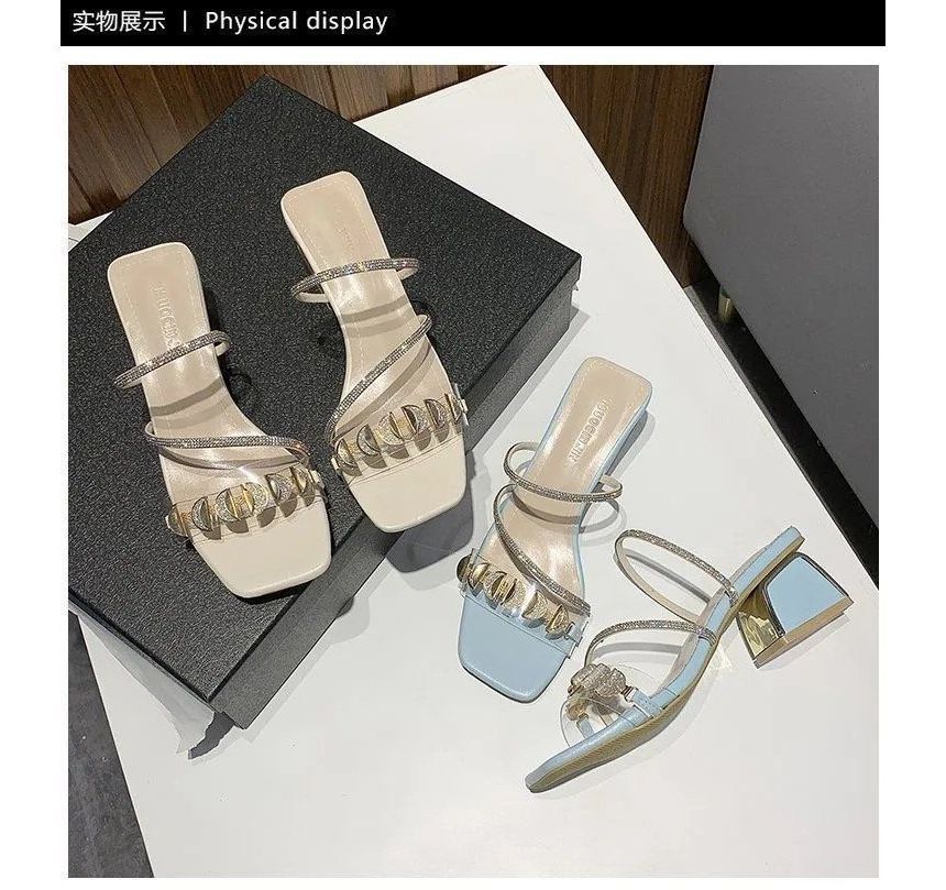 Square-Toe Block Heel Rhinestone Slide Sandals