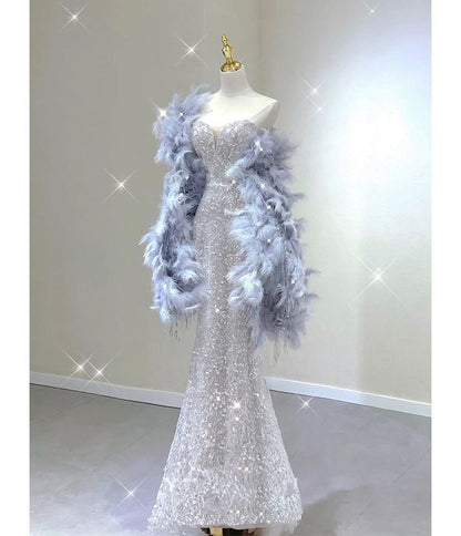 Sequin Evening Gown Strapless Mermaid Fur Scarf / Faux