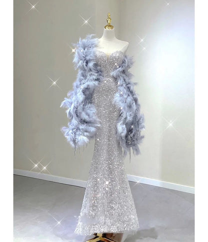 Sequin Evening Gown Strapless Mermaid Fur Scarf / Faux
