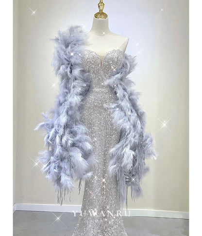 Sequin Evening Gown Strapless Mermaid Fur Scarf / Faux