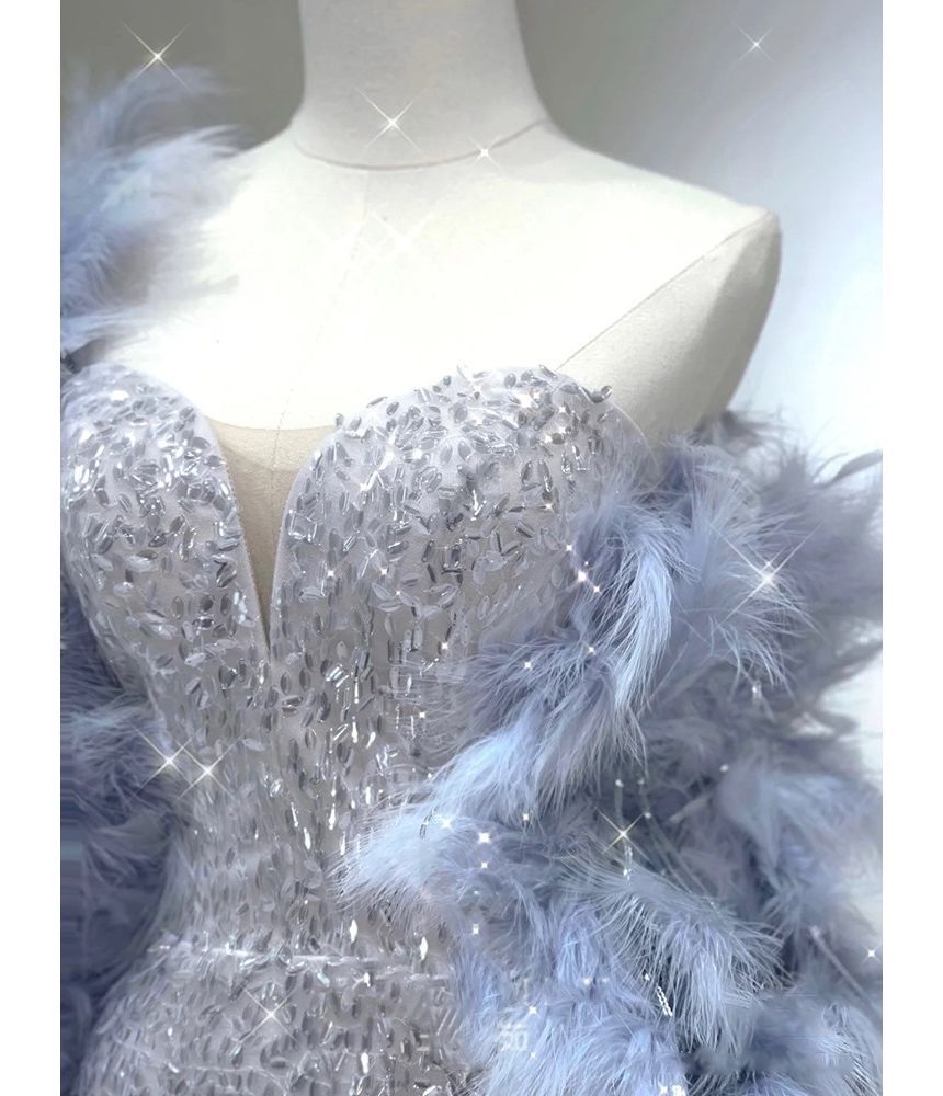 Sequin Evening Gown Strapless Mermaid Fur Scarf / Faux
