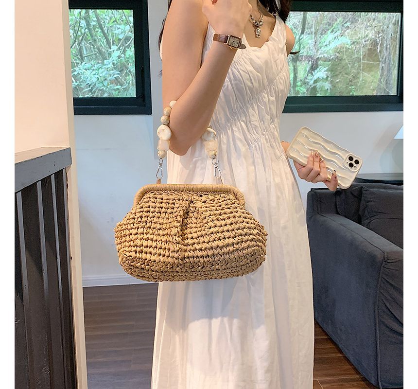 Bead Strap Straw Handbag
