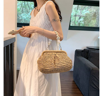 Bead Strap Straw Handbag