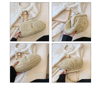 Bead Strap Straw Handbag