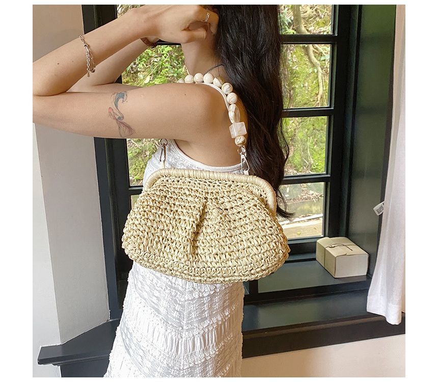 Bead Strap Straw Handbag