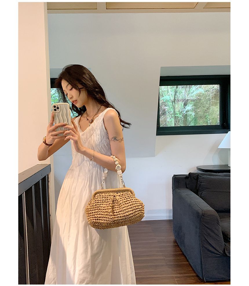 Bead Strap Straw Handbag