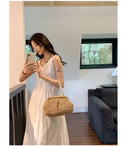 Bead Strap Straw Handbag