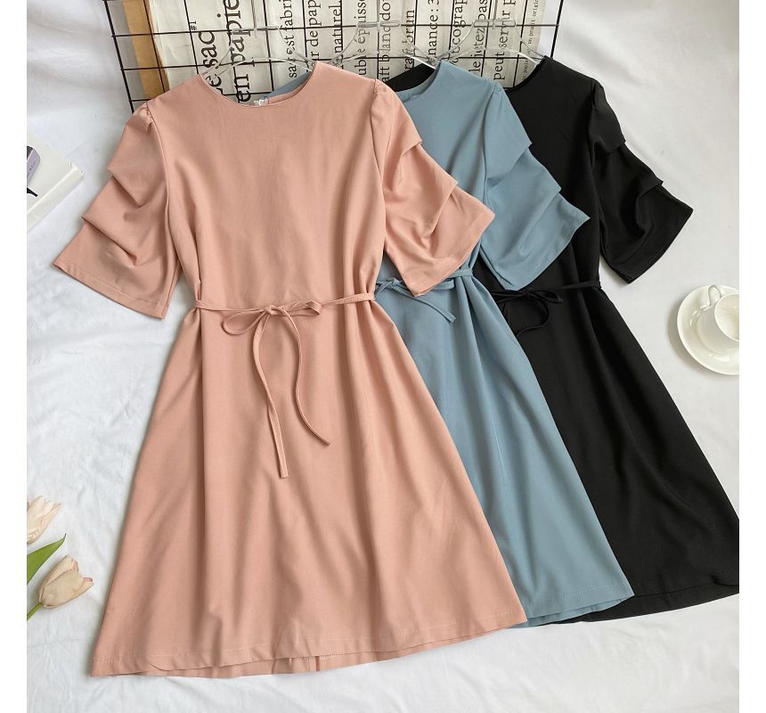 Elbow-Sleeve Crewneck Plain A-Line Dress