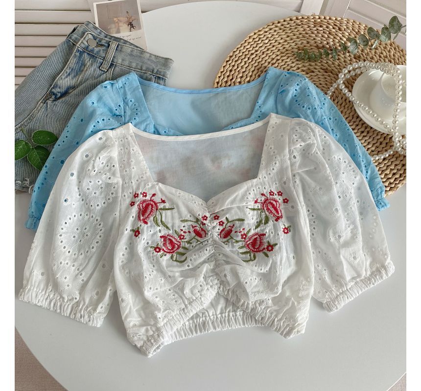 Short-Sleeve Embroidered Crop Tunic