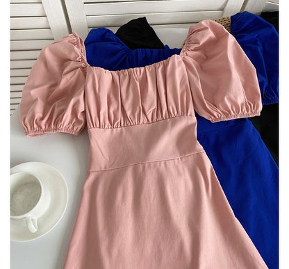 Short-Sleeve Square-Neck Plain Midi A-Line Dress