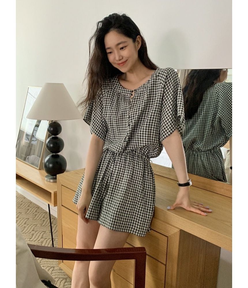 Short-Sleeve Round Neck Plaid Mock Two Piece Button Romper