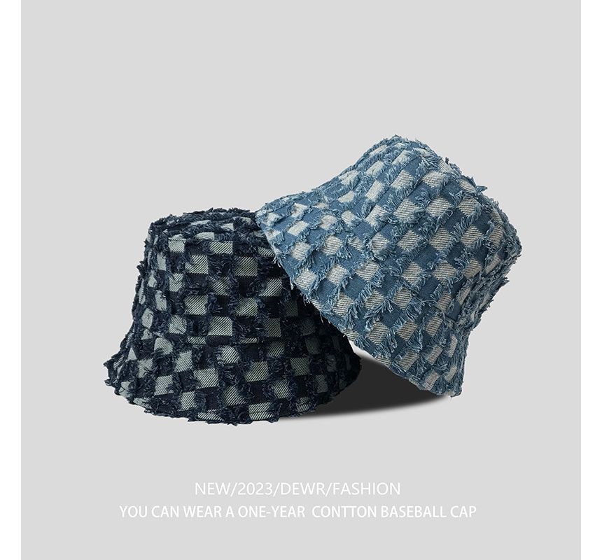 Fringed Checker Denim Bucket Hat