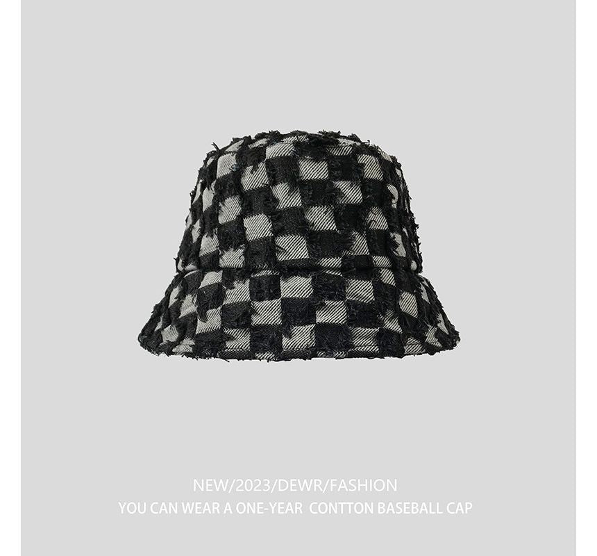 Fringed Checker Denim Bucket Hat
