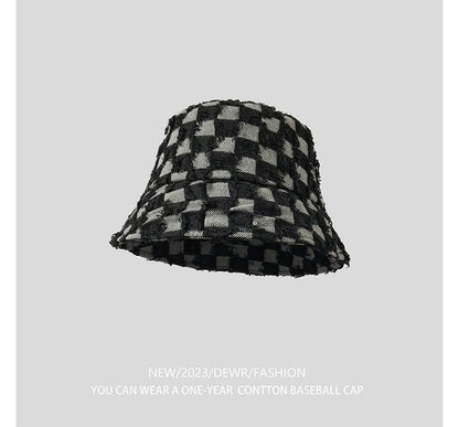 Fringed Checker Denim Bucket Hat