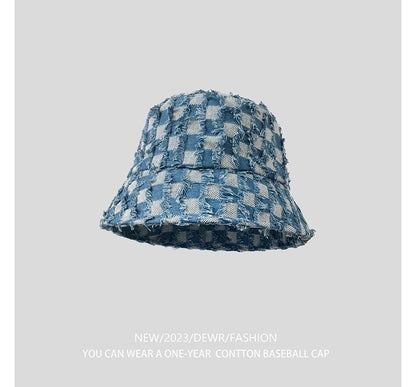 Fringed Checker Denim Bucket Hat