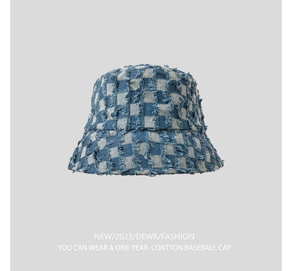 Fringed Checker Denim Bucket Hat