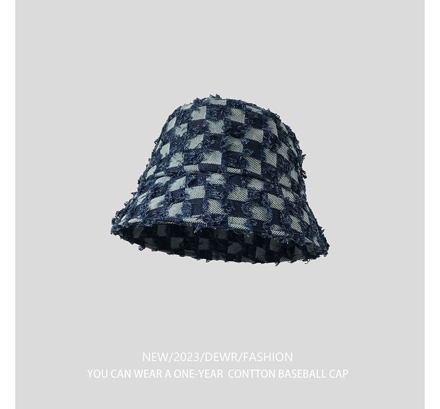 Fringed Checker Denim Bucket Hat