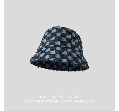 Fringed Checker Denim Bucket Hat