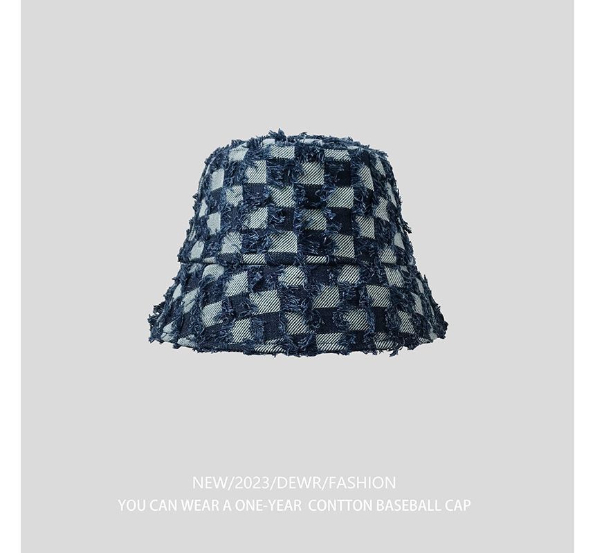 Fringed Checker Denim Bucket Hat