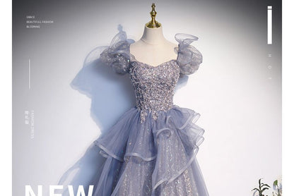 Sequin Neck Square Panel Evening Gown A-Line Ruffle Puff Sleeve Mesh