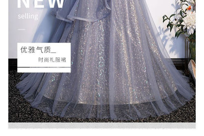 Puff Sleeve Square Neck Sequin Ruffle Panel Mesh A-Line Evening Gown