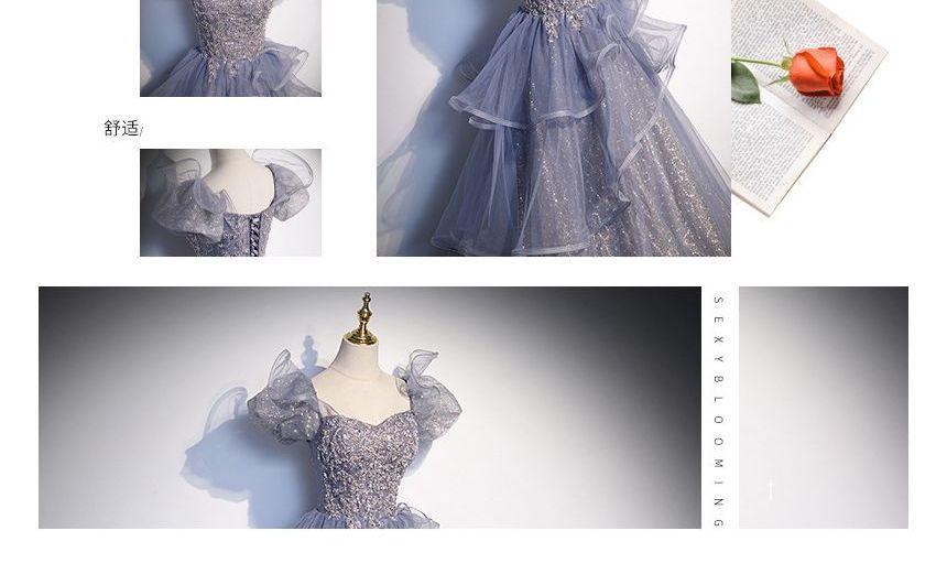 Sequin Neck Square Panel Evening Gown A-Line Ruffle Puff Sleeve Mesh