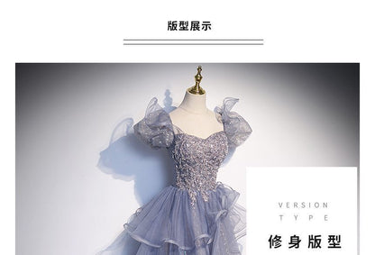 Sequin Neck Square Panel Evening Gown A-Line Ruffle Puff Sleeve Mesh