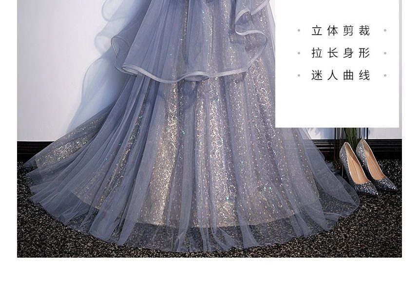 Sequin Neck Square Panel Evening Gown A-Line Ruffle Puff Sleeve Mesh