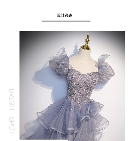 Sequin Neck Square Panel Evening Gown A-Line Ruffle Puff Sleeve Mesh