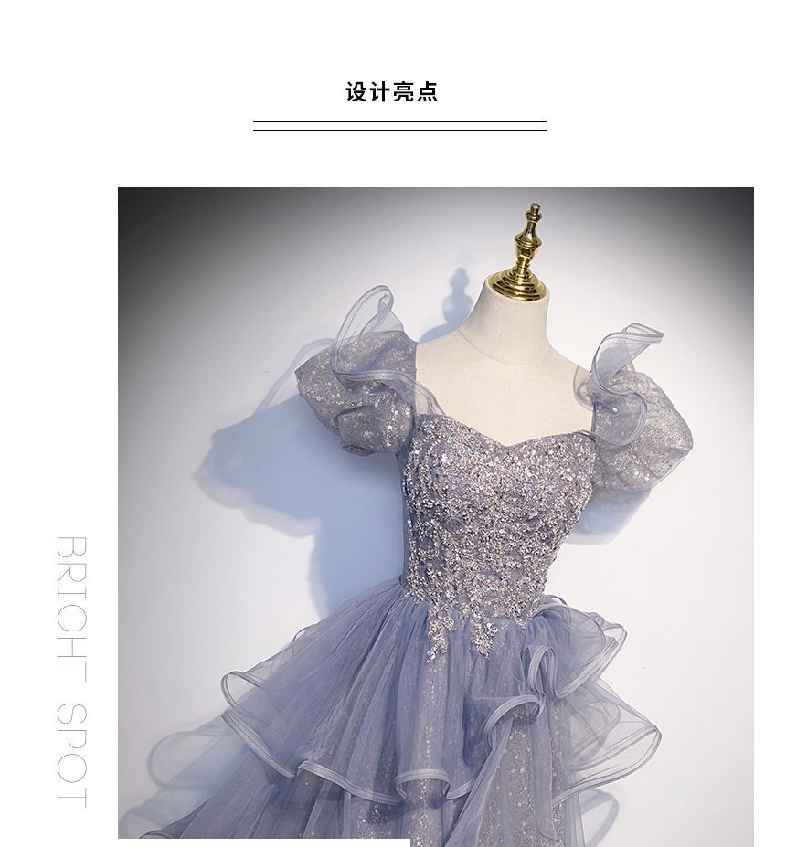 Puff Sleeve Square Neck Sequin Ruffle Panel Mesh A-Line Evening Gown